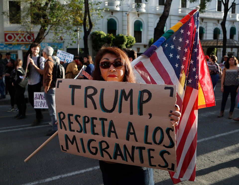 <p>A woman holds a sign that reads in Spanish “Trump, respect migrants” during a march called by a local women’s movement against U.S. President Donald Trump in Mexico City, Friday, Jan. 20, 2017. Donald Trump became the 45th president of the United States Friday, Jan. 20 2017, amid apprehension in Mexico regarding his previous comments about Mexico and his promise to build a border wall to halt migration. (AP Photo/Eduardo Verdugo) </p>