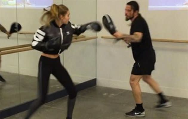 Gigi Hadid working out at the gym.