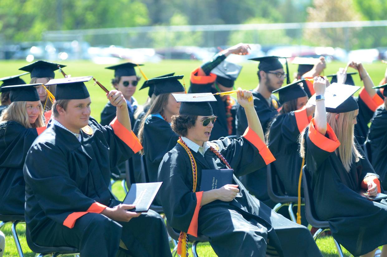 New Harbor Springs High School graduates turn their tassels on Sunday, June 5, 2022 during the commencement ceremony.