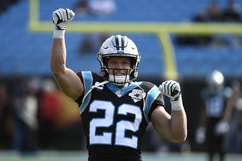 Carolina Panthers running back Christian McCaffrey (22) warms up prior to an NFL football game against the Washington Redskins in Charlotte, N.C., Sunday, Dec. 1, 2019. (AP Photo/Mike McCarn)