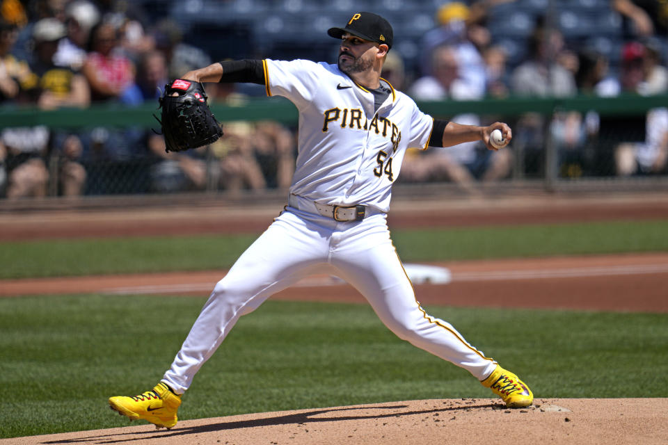 Pittsburgh Pirates starting pitcher Martín Pérez throws during the first inning of a baseball game against the Los Angeles Angels, Wednesday, May 8, 2024, in Pittsburgh. (AP Photo/Gene J. Puskar)