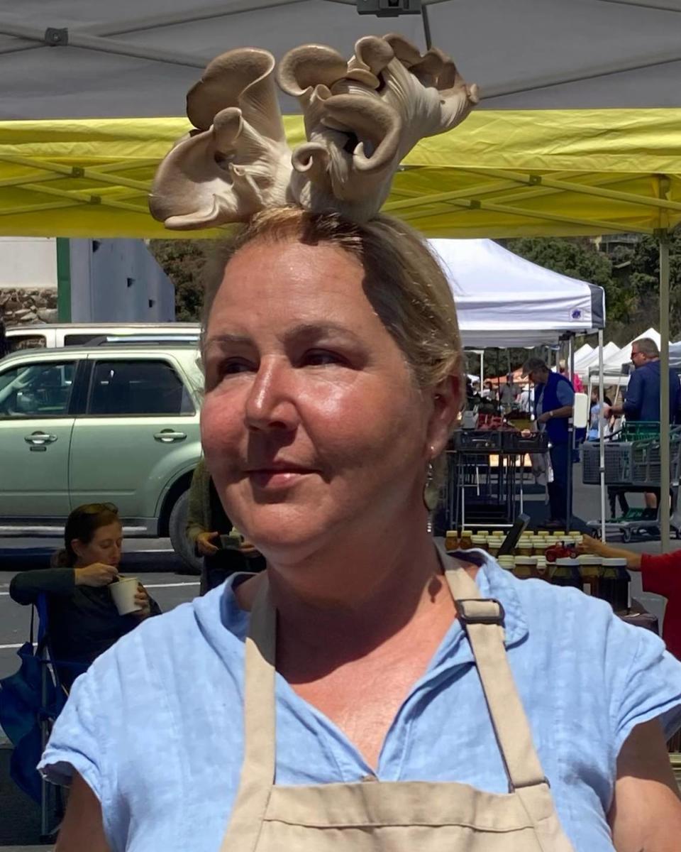 Rosa Zunino, owner of Morro Bay Mushrooms, wears a mushroom bouquet as a headdress in a photo she posted on Facebook.