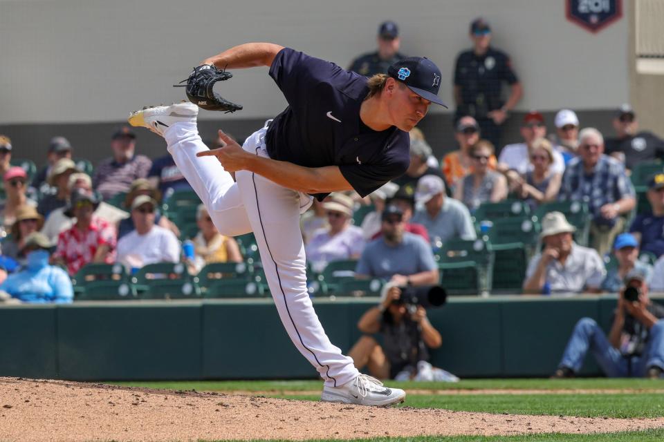 Detroit Tigers relief pitcher Tyler Holton throws a pitch during the fourth inning against the Washington Nationals at Publix Field at Joker Marchant Stadium, March 8, 2023.