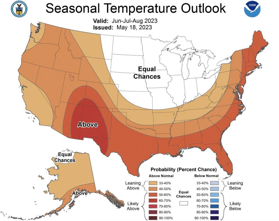 This map, released by the National Weather Service Climate Prediction Center on Thursday, shows the temperature outlook for the meteorological summer months of June, July and August.