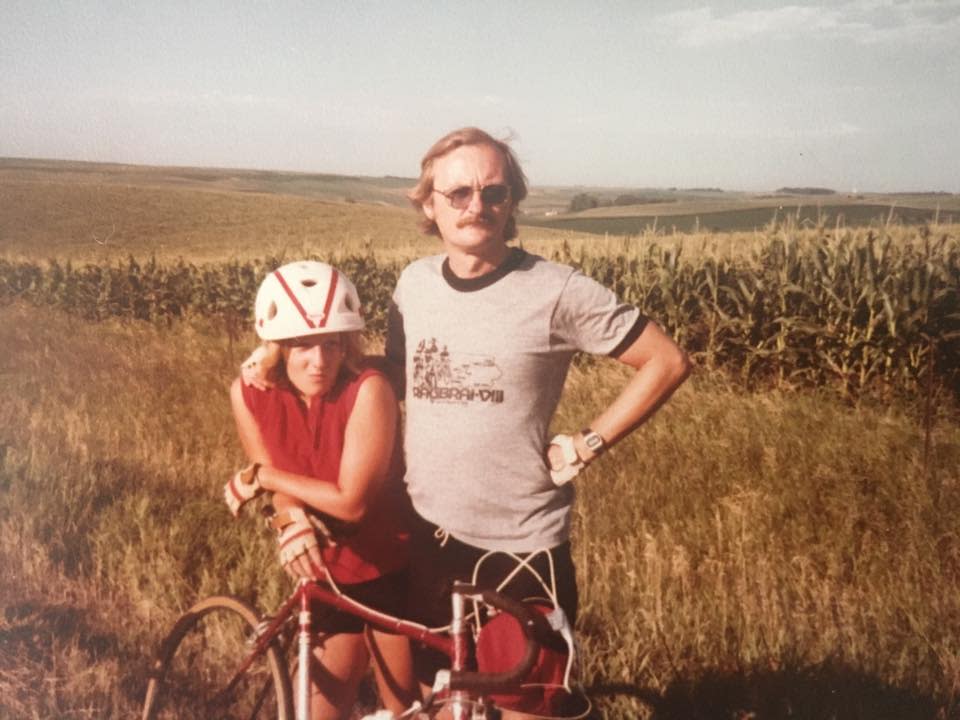 Rachel Kaul poses with her father, Donald Kaul, during RAGBRAI in 1980. The red Fiji she rode that year was her first bike.
