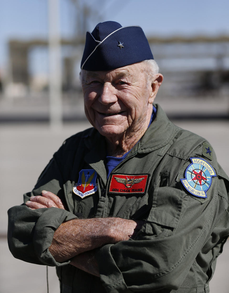 Retired Air Force Brig. Gen. Charles Yeager talks to the media following a reenactment flight commemorating his breaking of the sound barrier 65 years earlier on Oct. 14, 2012, at Nellis Air Force Base in Nevada.  (Photo: AP Photo/Isaac Brekken)