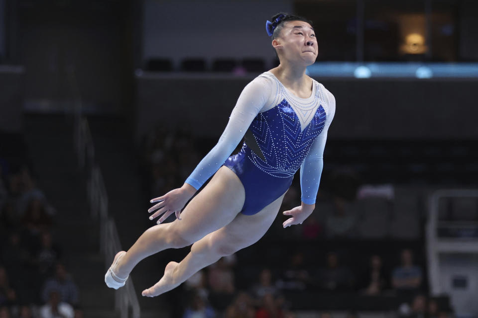 Leanne Wong competes in the floor exercise at the U.S. Gymnastics Championships, Friday, Aug. 25, 2023, in San Jose, Calif. (AP Photo/Jed Jacobsohn)