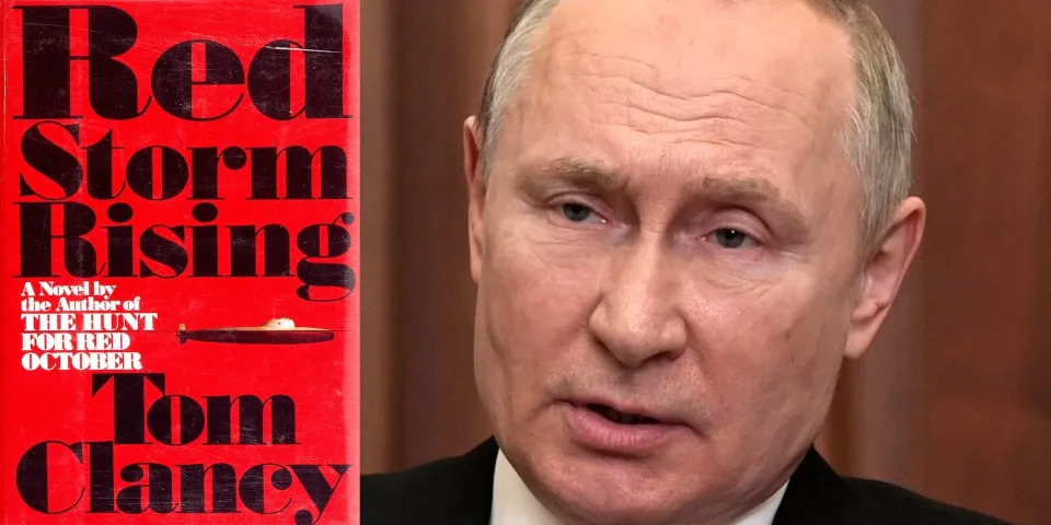 The cover of author Tom Clancy&#39;s 1986 novel &quot;Red Storm Rising&quot; (left) and Russian president Vladimir Putin (right)