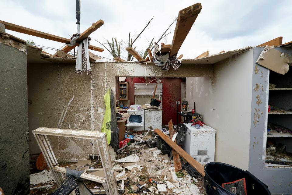 The roof was completely torn off this Goshen Road home after a tornado on July 7, 2022 in Goshen Township, Ohio.  The National Weather Service confirmed an EF2 tornado touched down in the township.