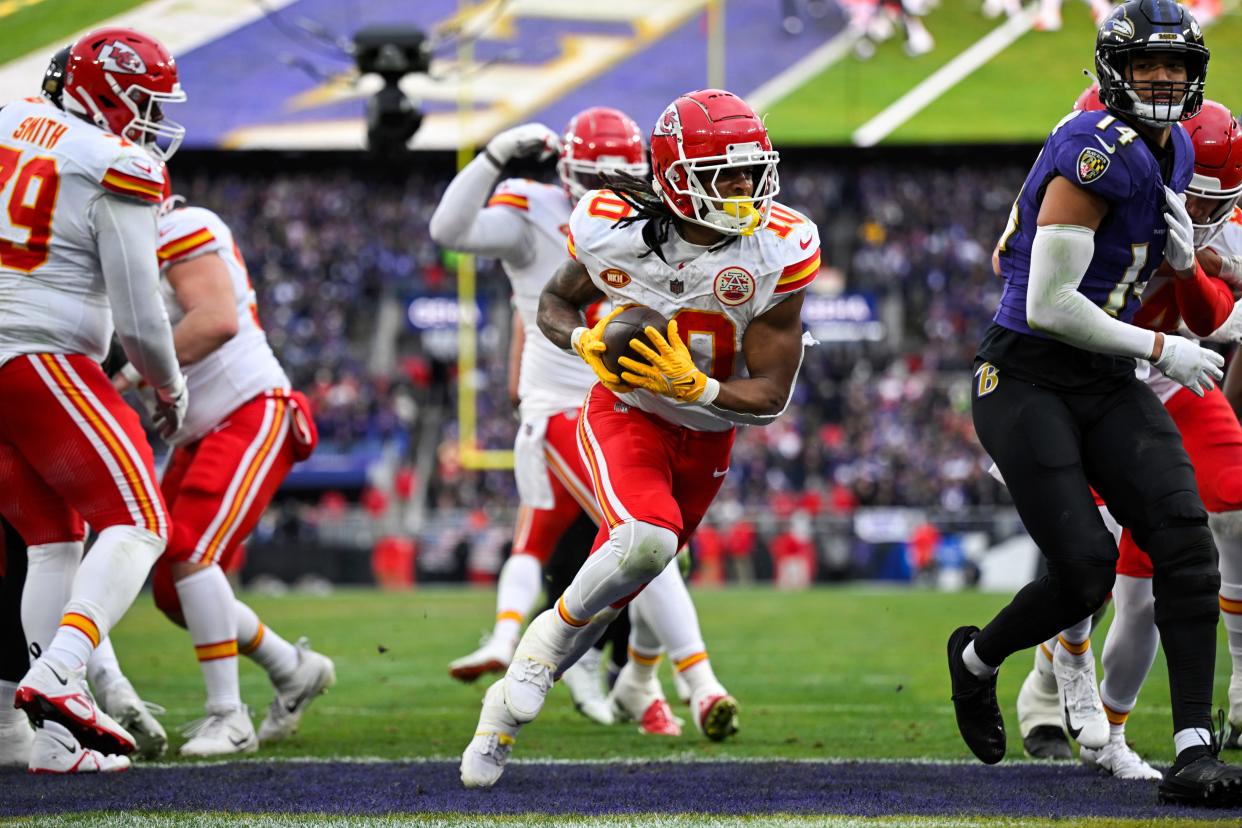 Kansas City Chiefs running back Isiah Pacheco (10) runs the ball and scores a touchdown during the first half of the AFC Championship NFL football game against the Baltimore Ravens, in Baltimore, Sunday, Jan. 28, 2024 (AP Photo/Terrance Williams)