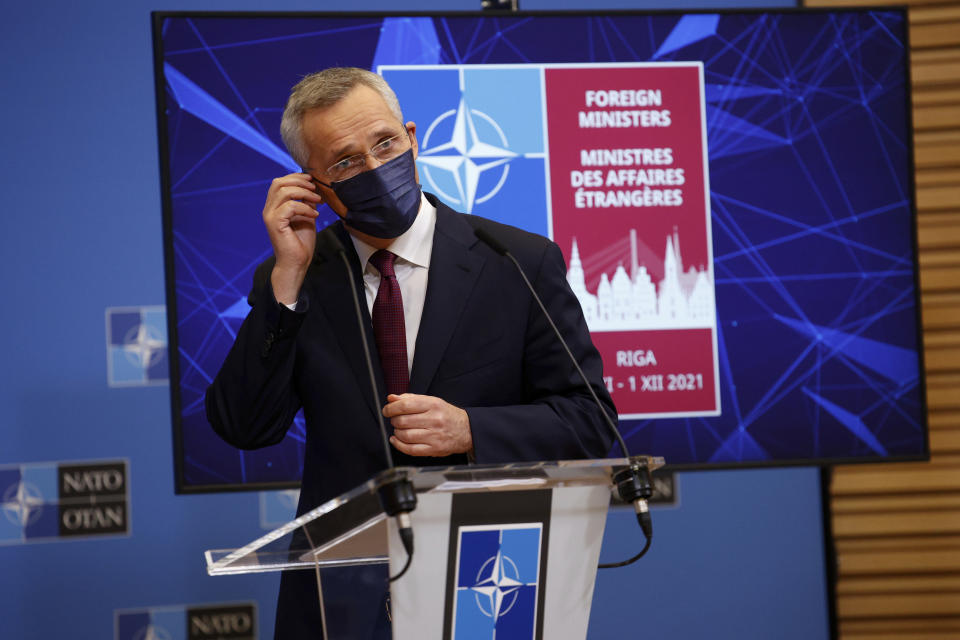 NATO Secretary General Jens Stoltenberg speaks to the press ahead of a meeting of NATO Foreign Affairs Ministers to be held on Nov. 30-Dec.1, at the NATO headquarters, in Brussels, Belgium, Friday, Nov. 26, 2021. (AP Photo/Olivier Matthys)