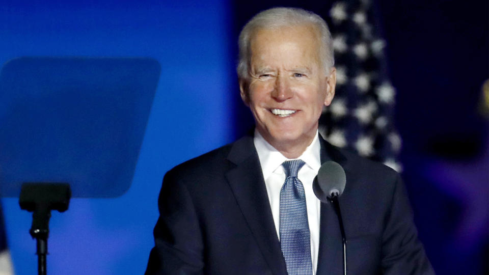 Joe Biden, 2020 Democratic presidential nominee, speaks during an election night party in Wilmington, Delaware, U.S., on Wednesday, Nov. 4, 2020. (Stefani Reynolds/Bloomberg via Getty Images)