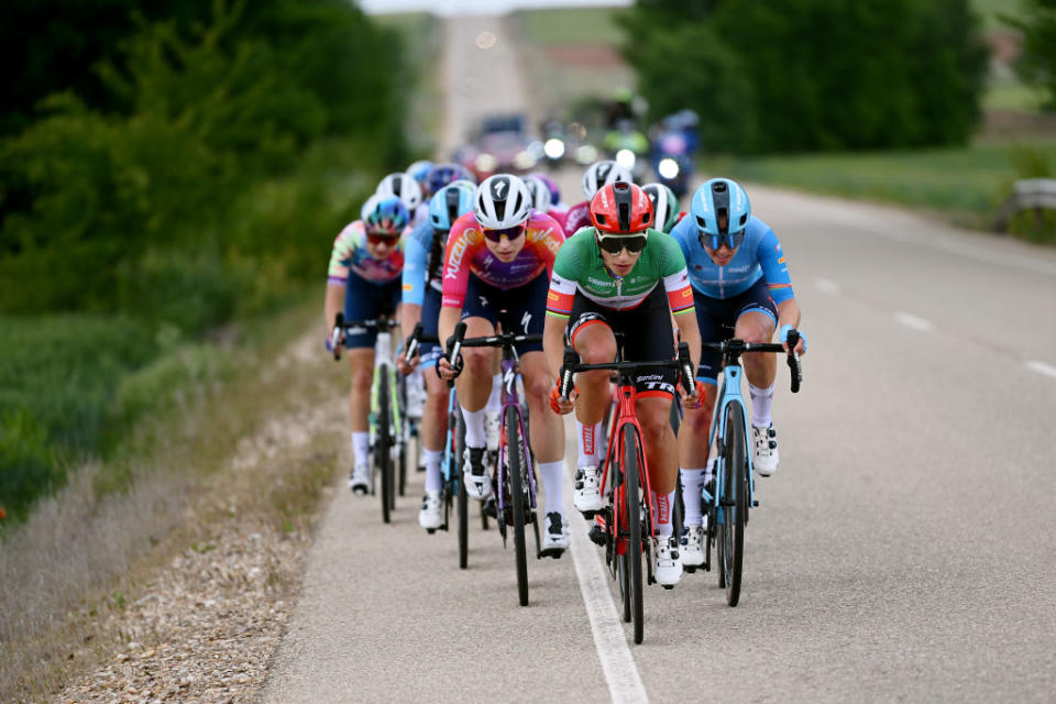 LERMA SPAIN  MAY 19 LR Marlen Reusser of Switzerland and Team SD Worx and Elisa Balsamo of Italy and Shirin van Anrooij of The Netherlands and Team TrekSegafredo lead the peloton during the 8th Vuelta a Burgos Feminas 2023 Stage 2 a 1189km stage from Sotresgudo to Lerma  UCIWWT  on May 19 2023 in Lerma Spain Photo by Dario BelingheriGetty Images
