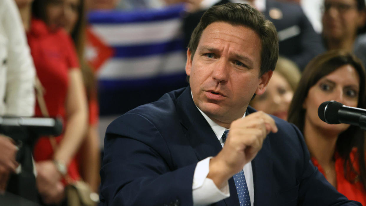 Florida Gov. Ron DeSantis speaks at the American Museum of the Cuba Diaspora in Miami on July 13. (Joe Raedle/Getty Images)