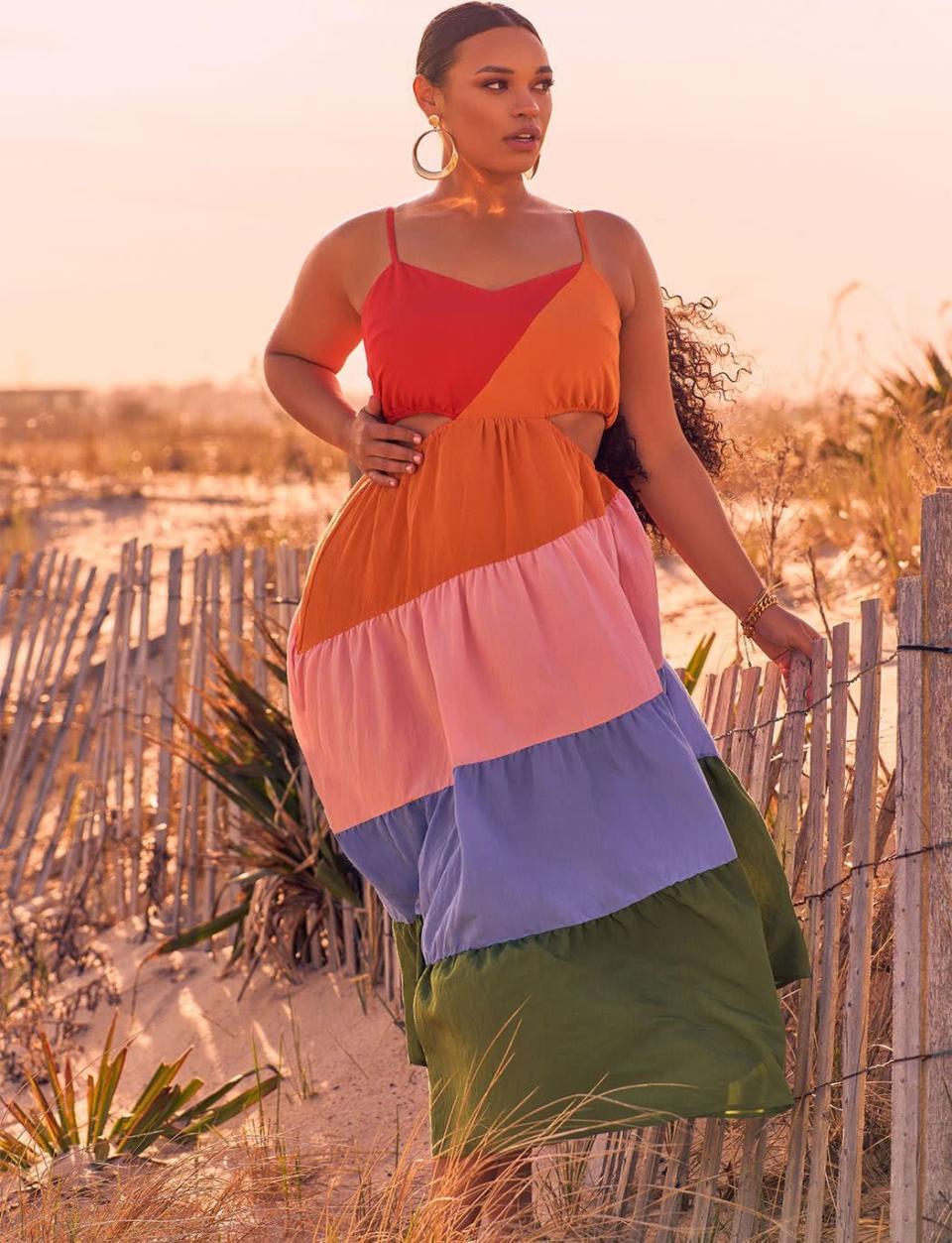 <p>This vibrant <span>Eloquii Rainbow Tiered Dress With Cutouts</span> ($140) is an instant mood-booster. We see this as a great piece to wear to a <a class="link " href="https://www.popsugar.com/latest/Wedding" rel="nofollow noopener" target="_blank" data-ylk="slk:wedding">wedding</a>, birthday party, or brunch.</p>