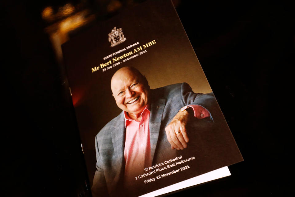 An order of service booklet is seen ahead of the state funeral for Bert Newton at St Patrick's Cathedral. Photo: Getty