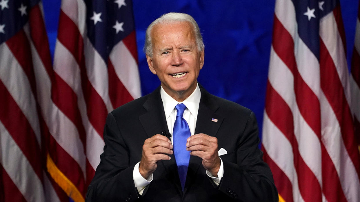 Joe Biden accepts the 2020 Democratic presidential nomination during a speech delivered at the Democratic National Convention on Thursday. (Kevin Lamarque/Reuters)