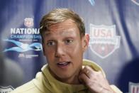 Caleb Dressel responds to a question during an intview at the U.S. national championships swimming meet, Saturday, July 1, 2023, in Indianapolis. (AP Photo/Darron Cummings)