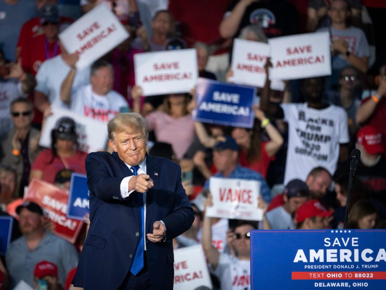 Former U.S. President Donald Trump speaks during a rally hosted by the former president at the Delaware County Fairgrounds on April 23, 2022 in Delaware, Ohio. Last week, Trump announced his endorsement of J.D. Vance in the Ohio Republican Senate primary.