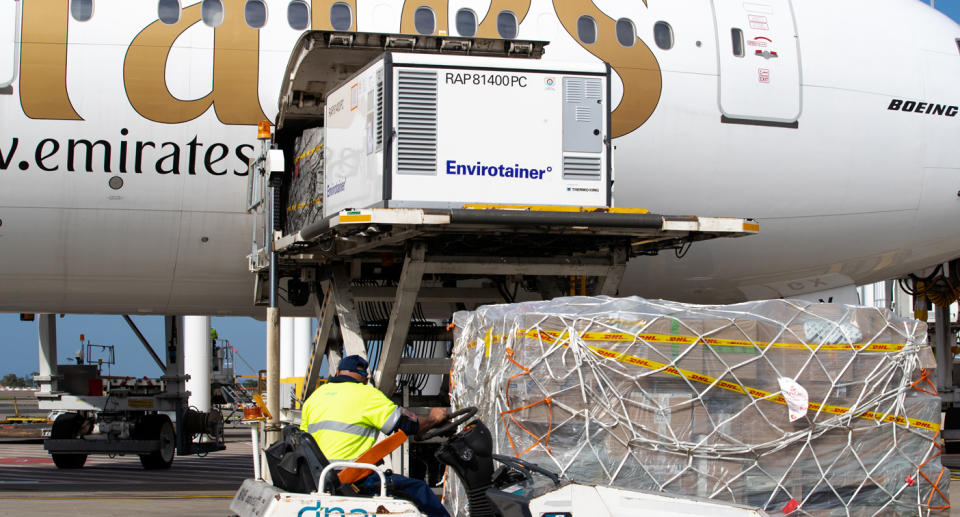 The first Australian shipment of AstraZeneca COVID-19 vaccines is seen after landing at Sydney International Airport, Sunday, February 28, 2021