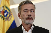 Venezuelan opposition delegate Gerardo Blyde Pérez pauses during a press conference in Mexico City, Monday, Sept. 27. 2021. Delegates from Venezuela’s government and opposition held more talks in Mexico City on Monday after a delay that saw the government’s side arrive a day later than scheduled due to an apparent unhappiness with mediator Norway. (AP Photo/Marco Ugarte)