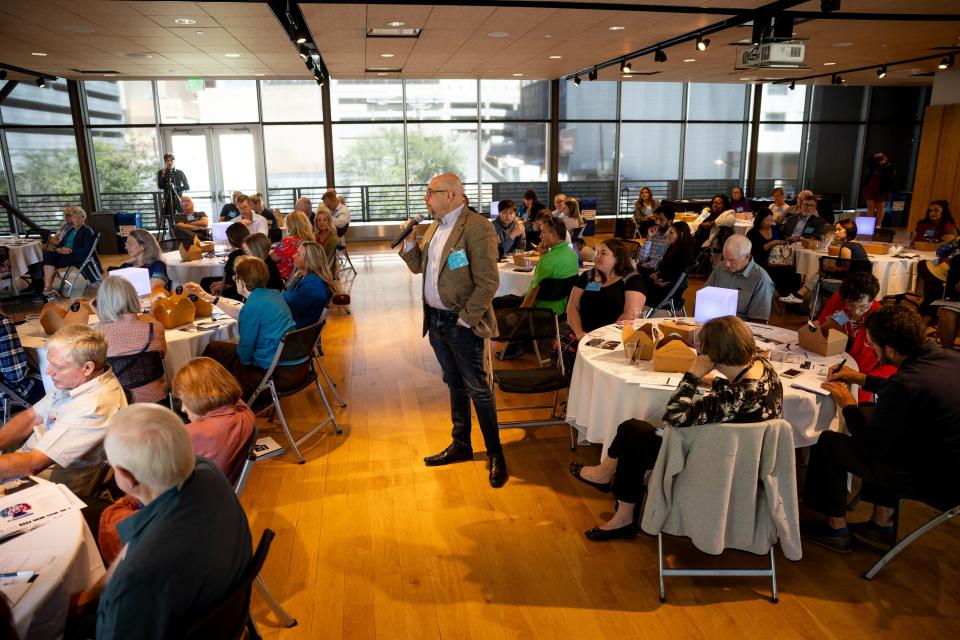 Jeremy Cunningham, public policy director at the Alzheimer’s Associated of Utah, asks a question at an event hosted by Utah State University’s Alzheimer’s Disease and Dementia Research Center at Gallivan Hall in Salt Lake City on Thursday, Sept. 28, 2023. | Spenser Heaps, Deseret News