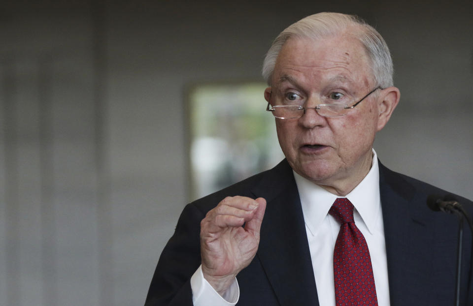 Attorney General Jeff Sessions speaks at the dedication for the United States Courthouse for the Southern District of Alabama, Friday, Sept. 7, 2018, in Mobile, Ala. (AP Photo/Dan Anderson)