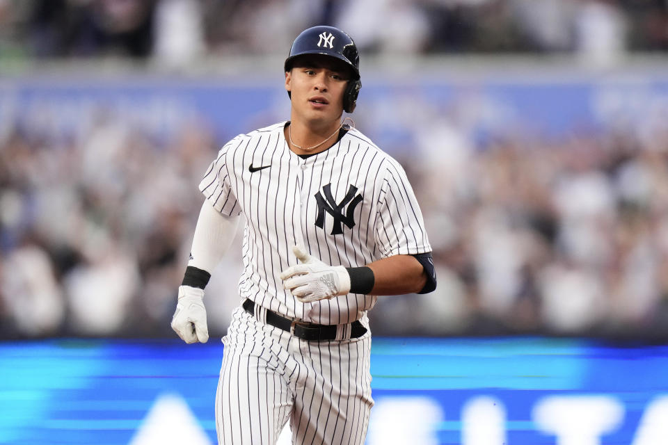 New York Yankees' Anthony Volpe runs the bases after hitting a home run against the Minnesota Twins during the first inning of a baseball game Friday, April 14, 2023, in New York. (AP Photo/Frank Franklin II)
