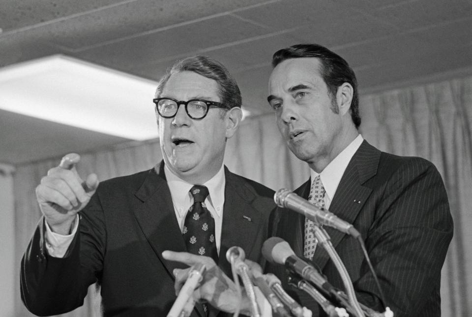 Clark MacGregor, left, chairman of the Committee to Re-Elect the President, and Sen. Robert Dole, chairman of the Republican National Committee, hold a news conference following a closed campaign strategy meeting of the GOP National Committee. (Photo: Bettmann/Getty Images)