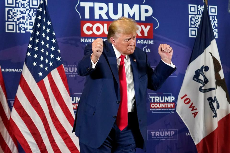 Former President Donald Trump dances after speaking at a campaign rally at Terrace View Event Center in Sioux Center, Iowa, Friday, Jan. 5, 2024. (AP Photo/Andrew Harnik)