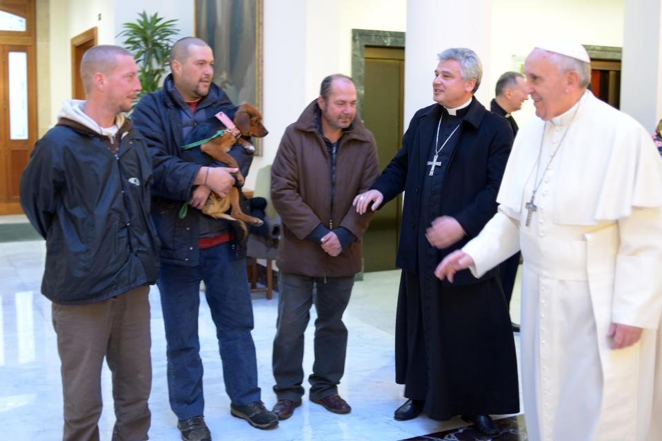 Some people act like their birthday is all about them. Not Pope Francis. <a href="http://ca.news.yahoo.com/homeless-people-1-dog-help-pope-francis-celebrate-125336447.html" data-ylk="slk:Three homeless men;elm:context_link;itc:0;sec:content-canvas;outcm:mb_qualified_link;_E:mb_qualified_link;ct:story;" class="link  yahoo-link">Three homeless men</a> helped him celebrate his 77th birthday on Dec. 17. They joined the Pope for Mass and breakfast. The Vatican said Francis also invited his household help to join him in a "family-like" atmosphere, AP reported. REUTERS/Osservatore Romano