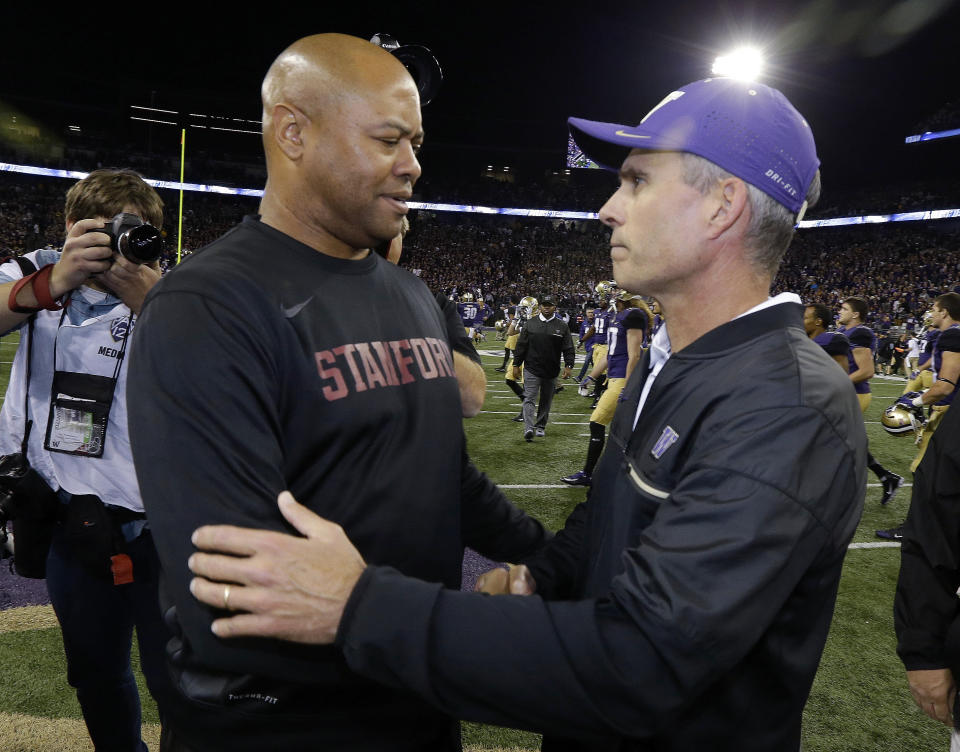 With a win in the Alamo Bowl, Stanford coach David Shaw, left, can reach double digit wins for the sixth time in his seven seasons as head coach. (AP Photo/Ted S. Warren, File)