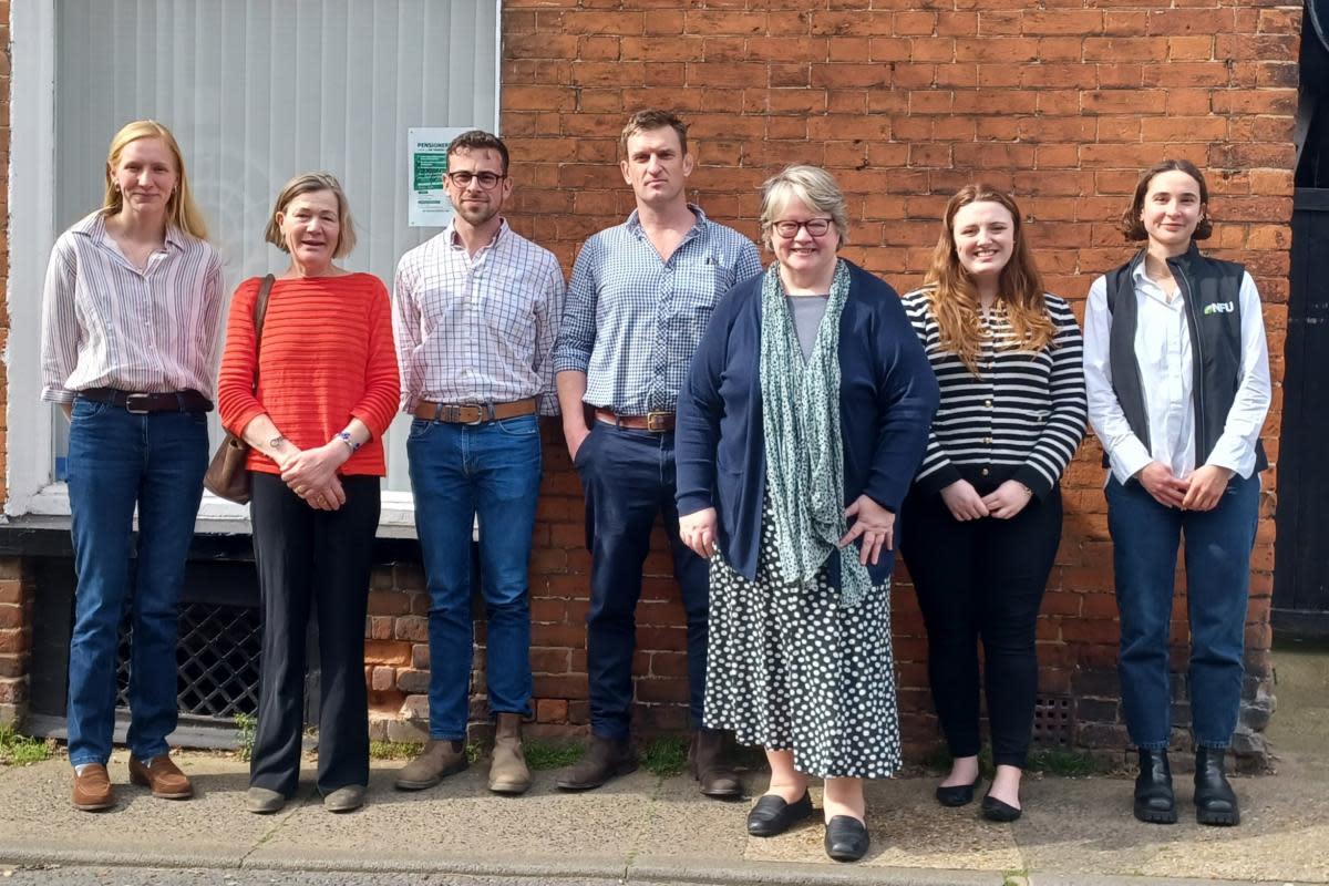 Shepherdess Tilly Abbott, sheep farmer Heidi Crick,  farm manager Will Pratt, sheep farmer and dog trainer Ed Hawkins, Suffolk Coastal MP Thérèse Coffey, NFU Suffolk county adviser Ella Thackray and NFU external affairs adviser Jen Cox <i>(Image: NFU)</i>