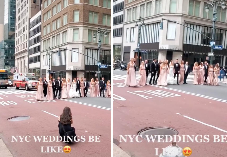 Image of New York non-social distanced wedding party of 19 blocking ambulance and traffic on Fifth Avenue