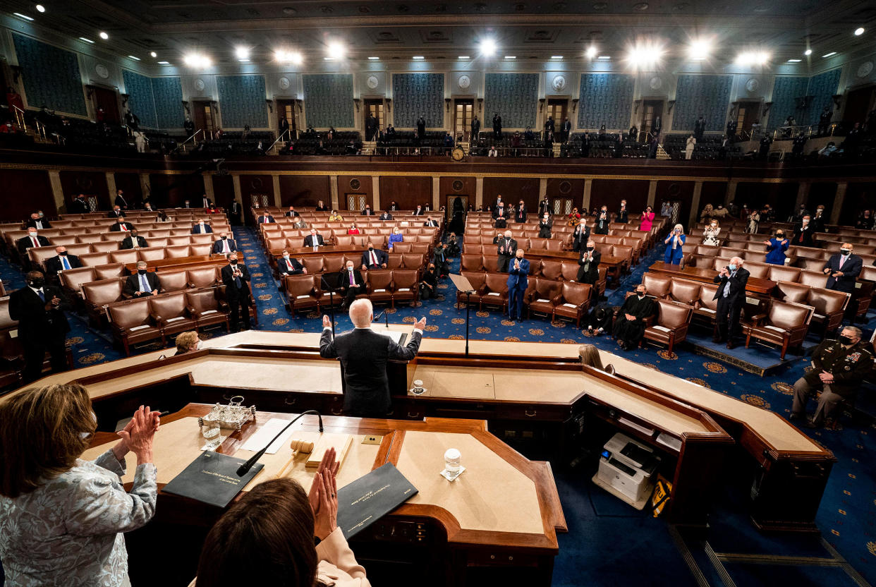 President Joe Biden addresses a Joint Session of Congress on Capitol Hill on April 28, 2021.