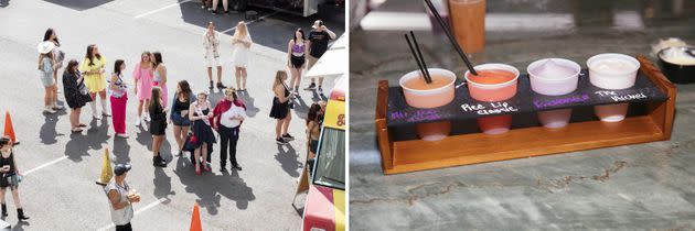 Left: Swift fans wait in line at food trucks. Right: Slushies with Swift-themed names at Tay-gate.