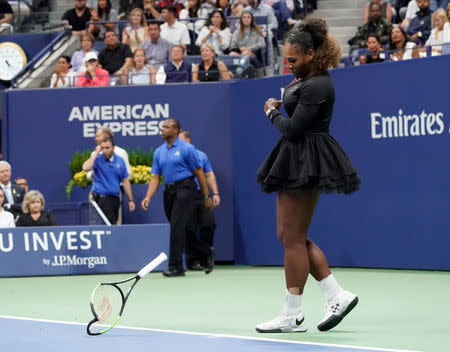 Serena Williams breaks her racket after losing the U.S. Open final to Naomi Osaka. Robert Deutsch-USA TODAY Sports