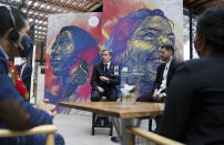 Secretary of State Antony Blinken speaks during a meeting with youth leaders in Bogota, Colombia, Thursday, Oct. 21, 2021. (Luisa Gonzalez/Pool via AP)