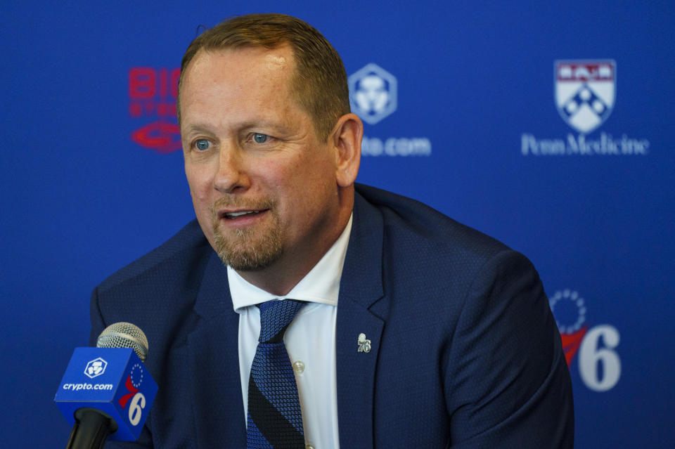 Philadelphia 76ers head coach Nick Nurse takes questions from the media during a press conference at the NBA basketball team's facility, Thursday, June 1, 2023, in Camden, N.J. (AP Photo/Chris Szagola)