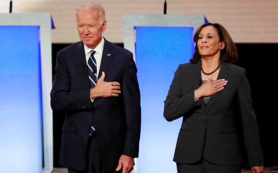 Harris with Biden before the start of the second night of the second U.S. 2020 presidential Democratic candidates debate in Detroit - Reuters