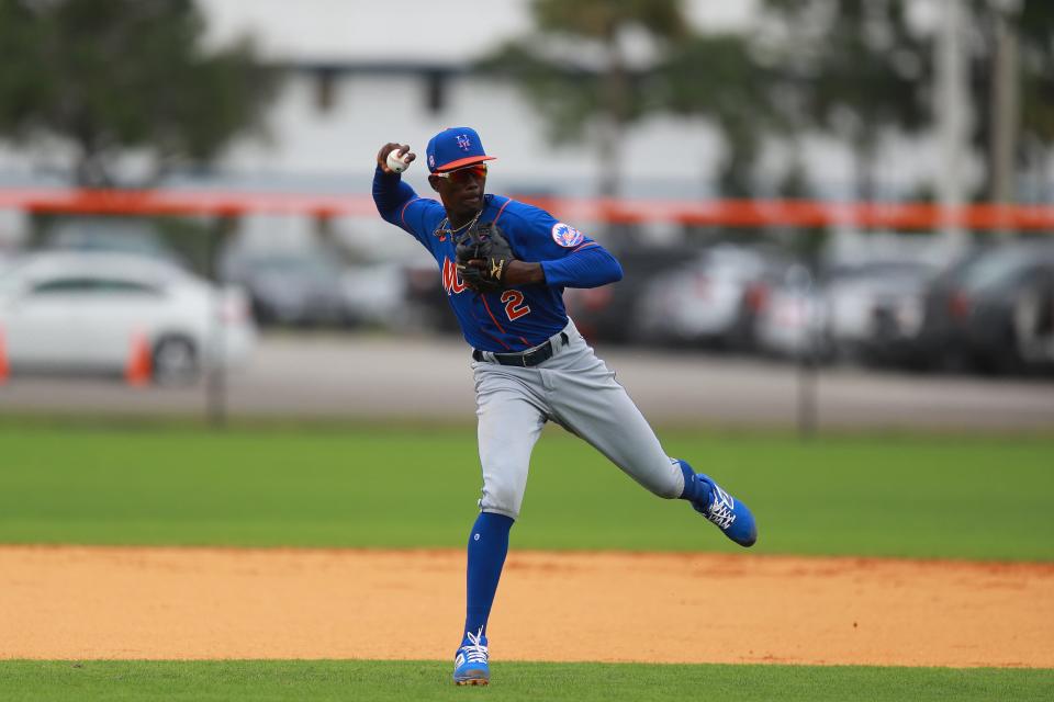 New York Mets prospect Ronny Mauricio participates in fielding drills at the Mets minor league camp in Port St. Lucie, Fla. on Feb. 26, 2020.