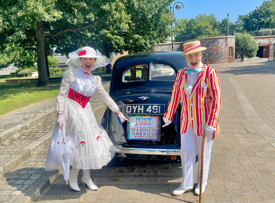 Emilie Knight (left) and Kerrie Smith got married in a Mary Poppins themed ceremony in Norwich. (Josie Tate/ PA)