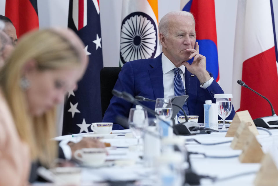 President Joe Biden listens as G7 leaders participate in an event on global infrastructure and investment during the G7 Summit in Hiroshima, Japan, Saturday, May 20, 2023. (AP Photo/Susan Walsh)