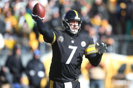 Jan 14, 2018; Pittsburgh, PA, USA; Pittsburgh Steelers quarterback Ben Roethlisberger (7) throws the ball during the first quarter in the AFC Divisional Playoff game against the Jacksonville Jaguars at Heinz Field. Mandatory Credit: Charles LeClaire-USA TODAY Sports