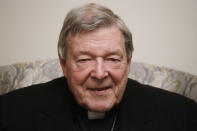 Cardinal George Pell poses for a picture during an interview with the Associated Press inside his residence near the Vatican in Rome, Monday, Nov. 30, 2020. The pope’s former treasurer, who was convicted and then acquitted of sexual abuse in his native Australia, said Monday he feels a dismayed sense of vindication as the financial mismanagement he tried to uncover in the Holy See is now being exposed in a spiraling Vatican corruption investigation. (AP Photo/Gregorio Borgia)