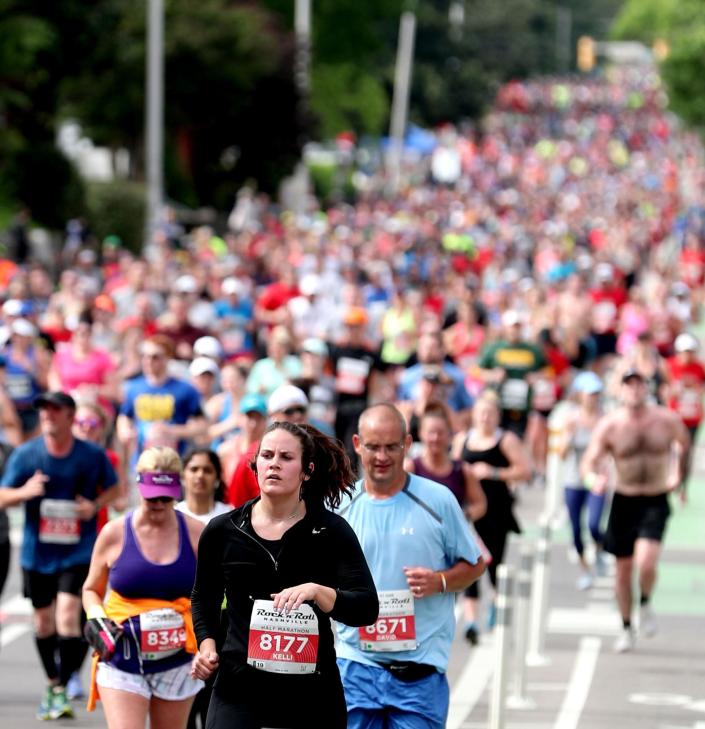 Runners come up a hill on Music Square East during the 20th annual St. Jude Rock &#x002018;n&#x002019; Roll Nashville Marathon on Saturday, April 27, 2019, in Nashville, Tennessee.