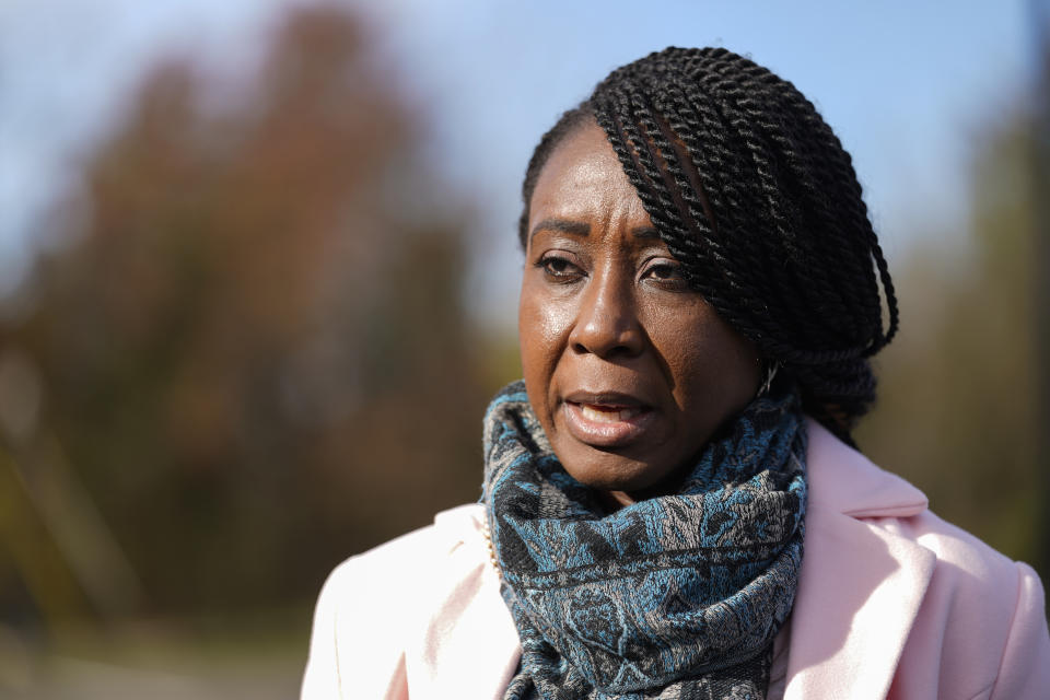 Patrice Tisdale, who ran unsuccessfully for magisterial district judge, speaks during an interview with The Associated Press in New Hope, Pa., Thursday, Nov. 4, 2021. With Democrats still reeling from their worst off-year election since perhaps 2009, the political focus immediately shifts to a much more consequential midterm election season next year, when control of Congress and dozens more governorships will be decided. (AP Photo/Matt Rourke)