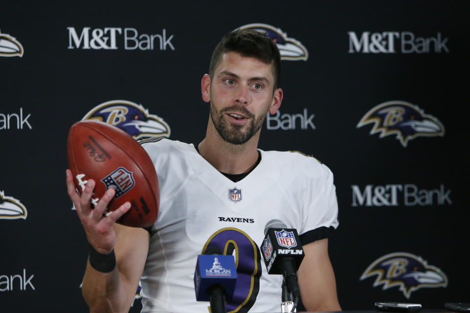 Baltimore Ravens kicker Justin Tucker speaks to the media after an NFL football game against the Detroit Lions in Detroit, Sunday, Sept. 26, 2021. Tucker kicked a 66-yard field goal to beat the Detroit Lions 19-17. (AP Photo/Duane Burleson)