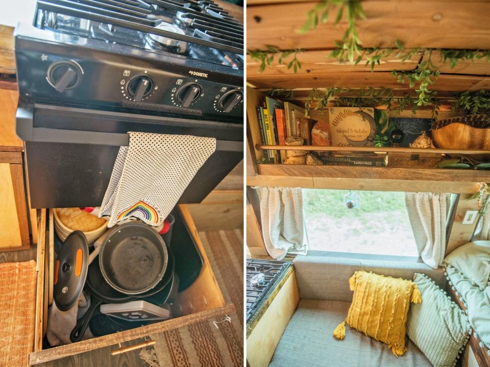 Left: Open hidden drawer under the oven Right: storage shelving above the couch