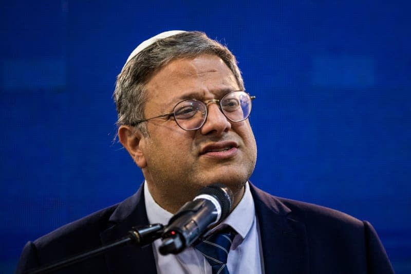 Israeli Minister of National Security, Itamar Ben Gvir, speaks during a memorial ceremony for late controversial Rabbi Meir Kahane. Ilia Yefimovich/dpa